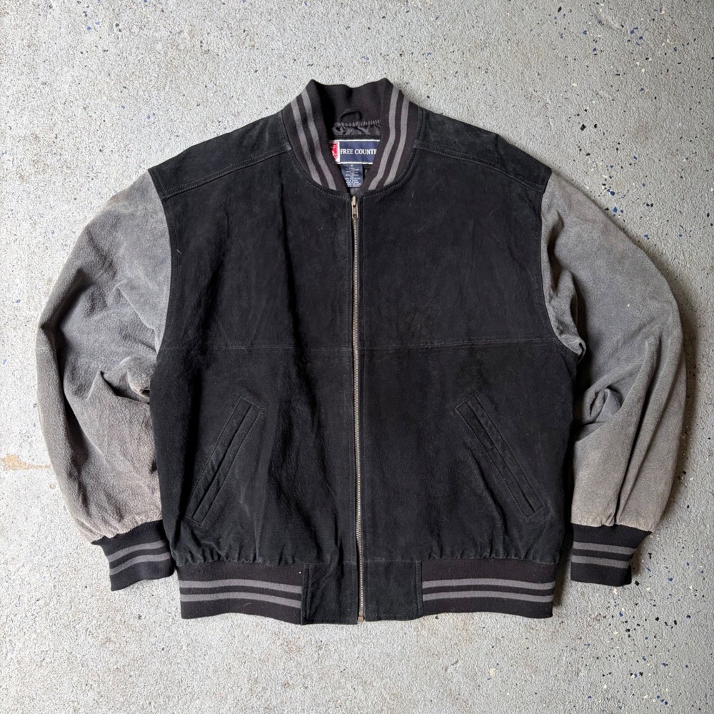 Vintage Free Country Mens Suede Leather Bomber Jacket Black Grey Varsity M